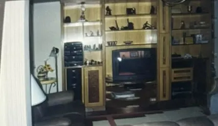 Fotografia antiga em papel: estante de sala com nichos iluminados