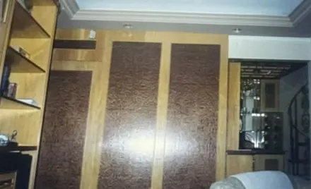 Fotografia antiga em papel: armário com portas em dois tons de madeira