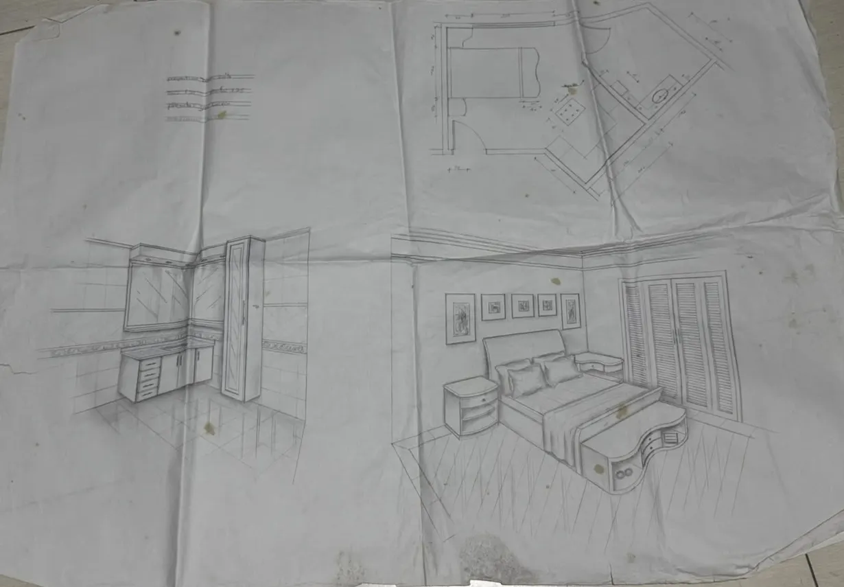 Folha com três desenhos a lápis: perspectiva de dormitório, perspectiva de armário e planta baixa cotada