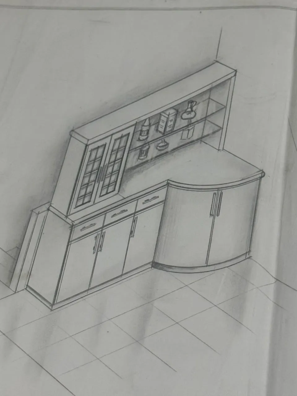 Desenho a lápis, em perspectiva, de um móvel de canto curvo com portas de vidro e prateleiras