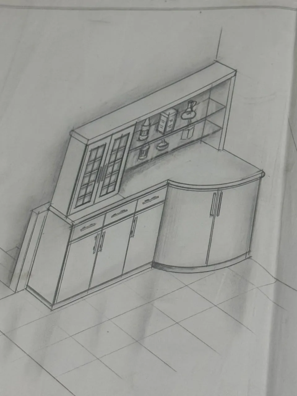 Desenho a lápis, em perspectiva, de um móvel de canto curvo com portas de vidro e prateleiras