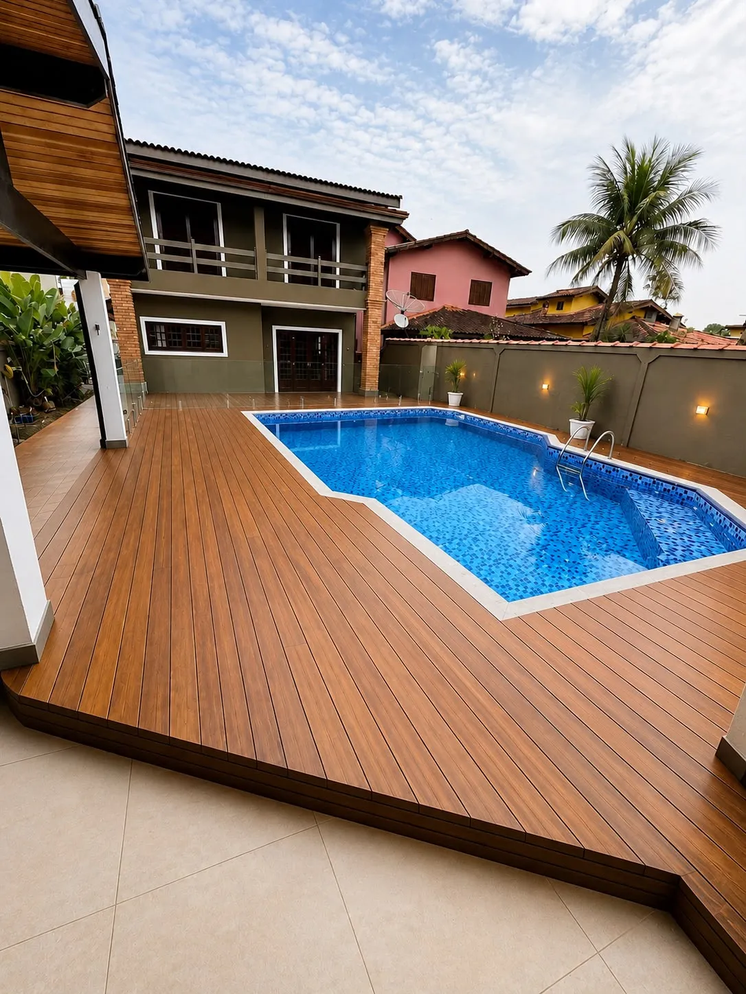 Deck de madeira contornando uma piscina, em área externa de casa
